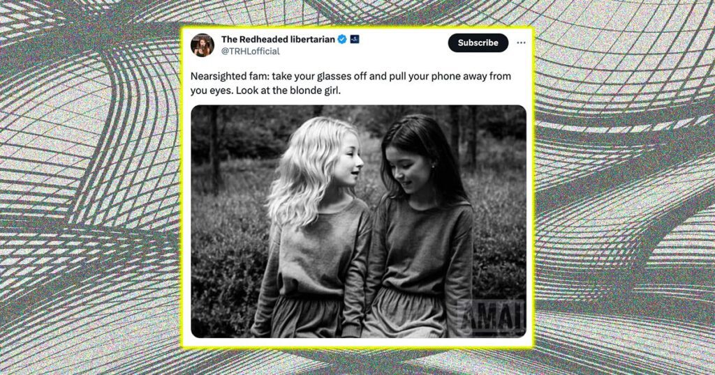 Girls sat down in black and white optical illusion with creepy old lady