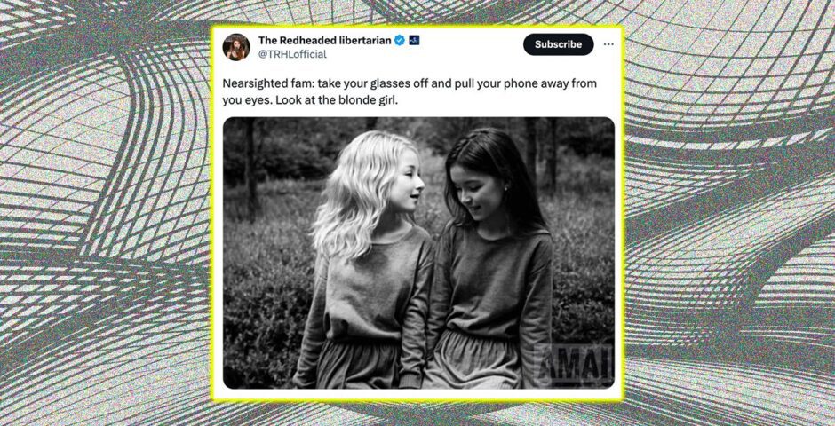 Girls sat down in black and white optical illusion with creepy old lady