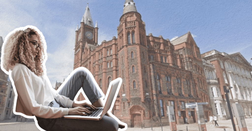 A student on laptop overlayed Liverpool University.