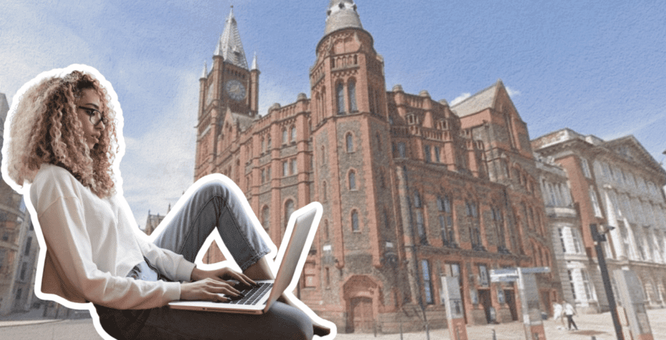 A student on laptop overlayed Liverpool University.