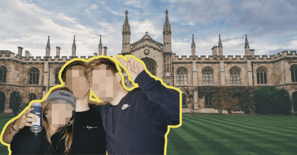 Students overlayed over a picture of Cambridge University