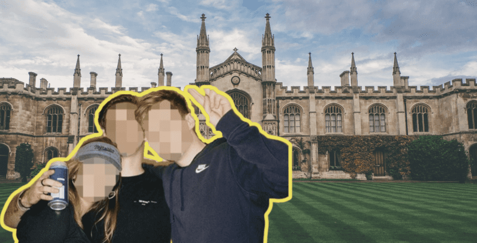 Students overlayed over a picture of Cambridge University