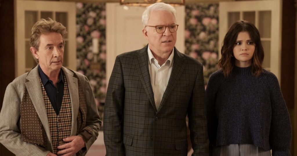 Steve Martin, Martin Short, and Selena Gomez looking confused in Only Murders in the Building in an article about