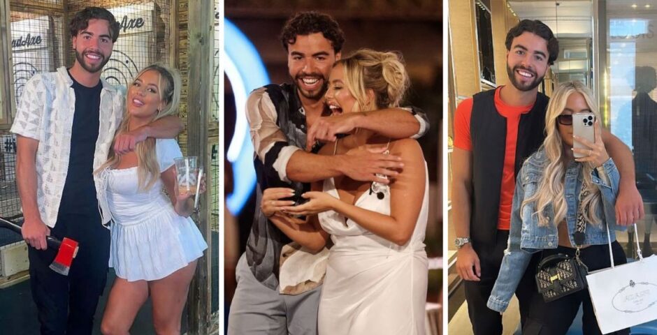Photos of Jess and Sammy, one of them axe-throwing with another of them when they've found out they've won Love Island as well as a mirror selfie of them shopping