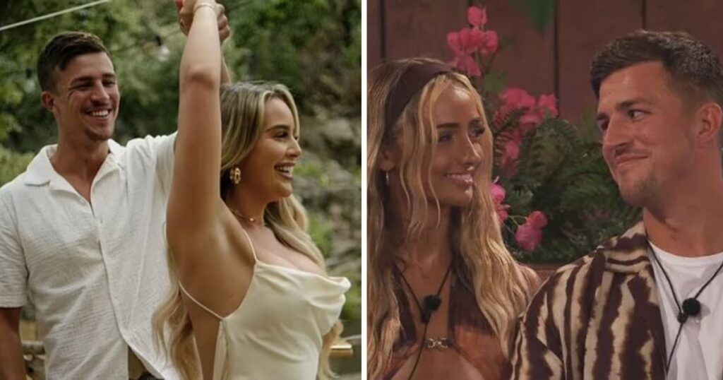 A side-by-side photo of Mitch twirling around Ella B and Abi and Mitch looking at each other on Love Island