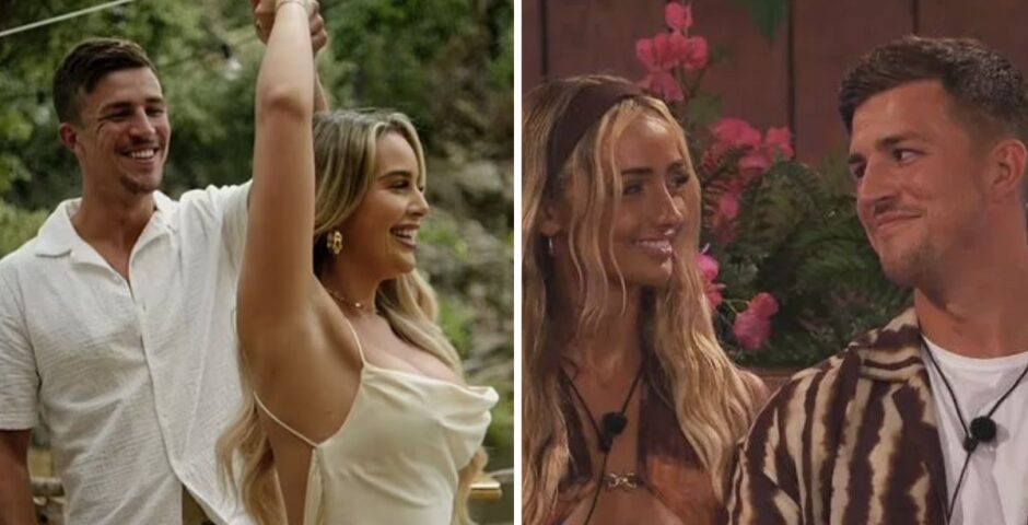 A side-by-side photo of Mitch twirling around Ella B and Abi and Mitch looking at each other on Love Island