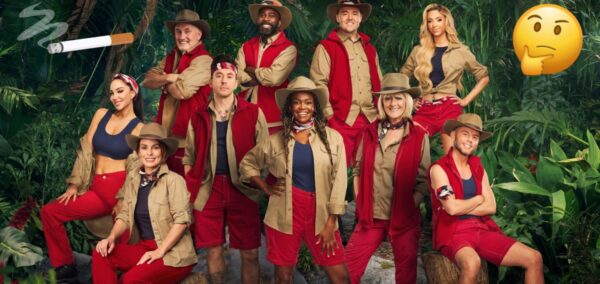 I'm a Celeb cast with cigarette graphic and confused emoji