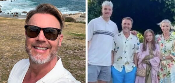 Gary Barlow in South Africa and family picture with his tall son