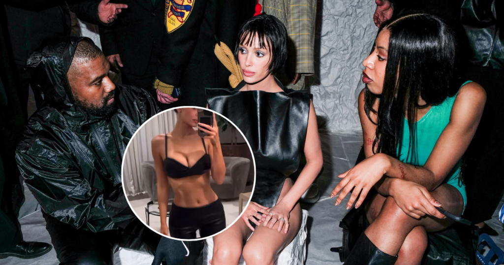 Kanye West, Bianca Censori and woman talk at event.