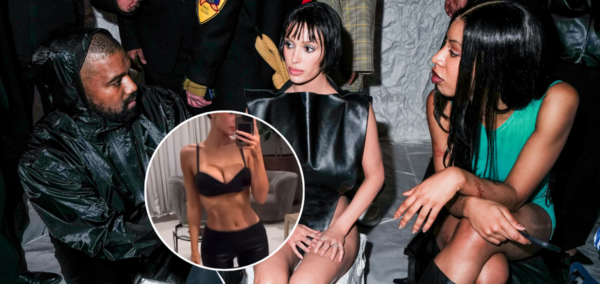 Kanye West, Bianca Censori and woman talk at event.