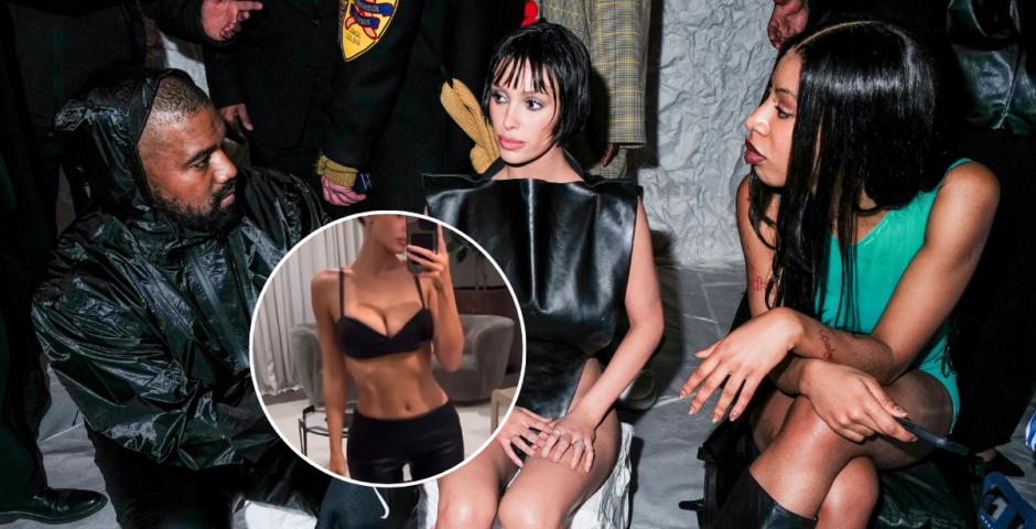 Kanye West, Bianca Censori and woman talk at event.