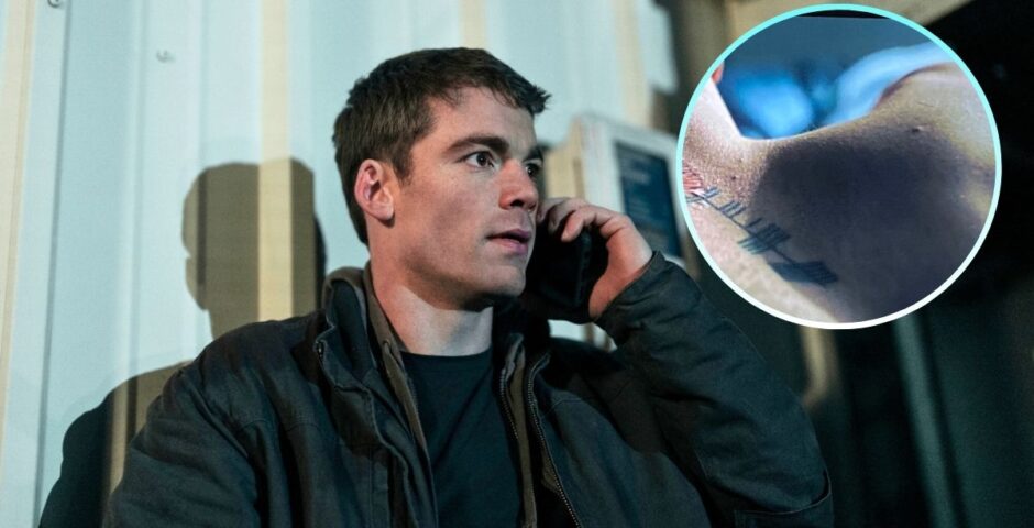 the night agent peter sutherland gabriel basso neck tattoo neck scar netflix