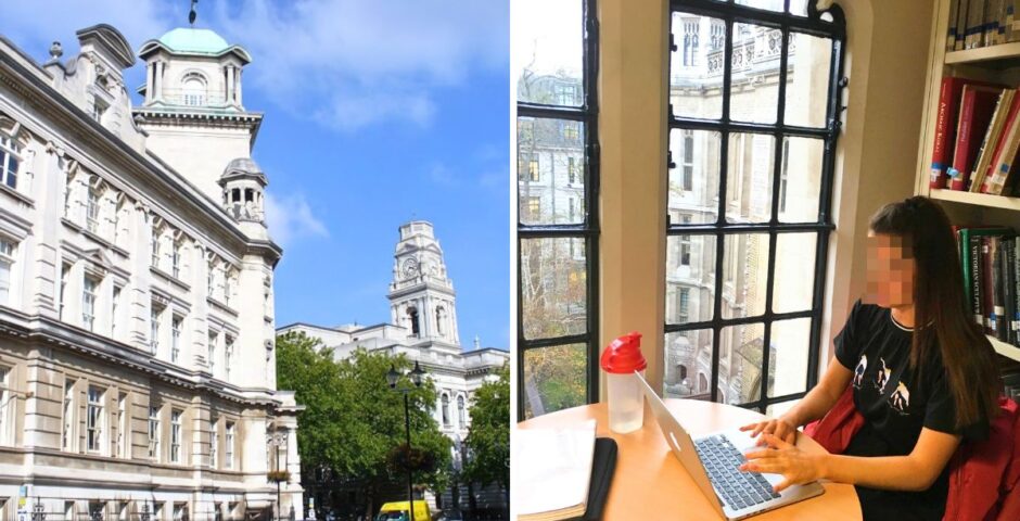 the university of portsmouth and a generic picture of a uk uni student at a laptop