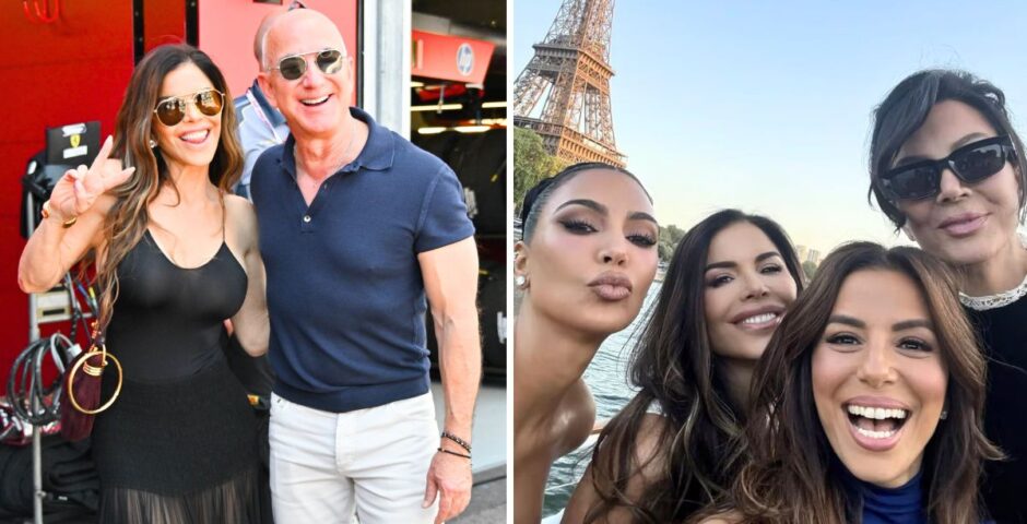 lauren sánchez and jeff bezos in monac. also lauren and assorted kardashians in paris