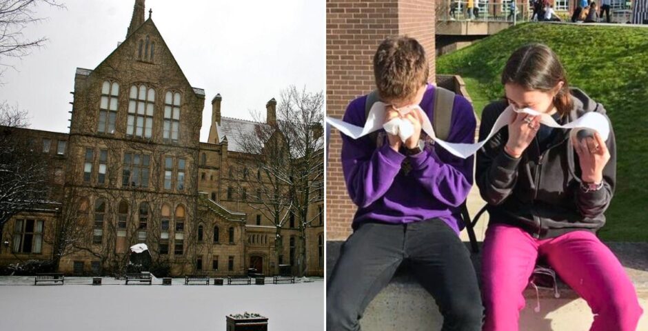 the university of manchester (a russell group unis which did much worse in the complete university ranking) plus some durham students crying which is not a relevant uni it's just a really fun pic