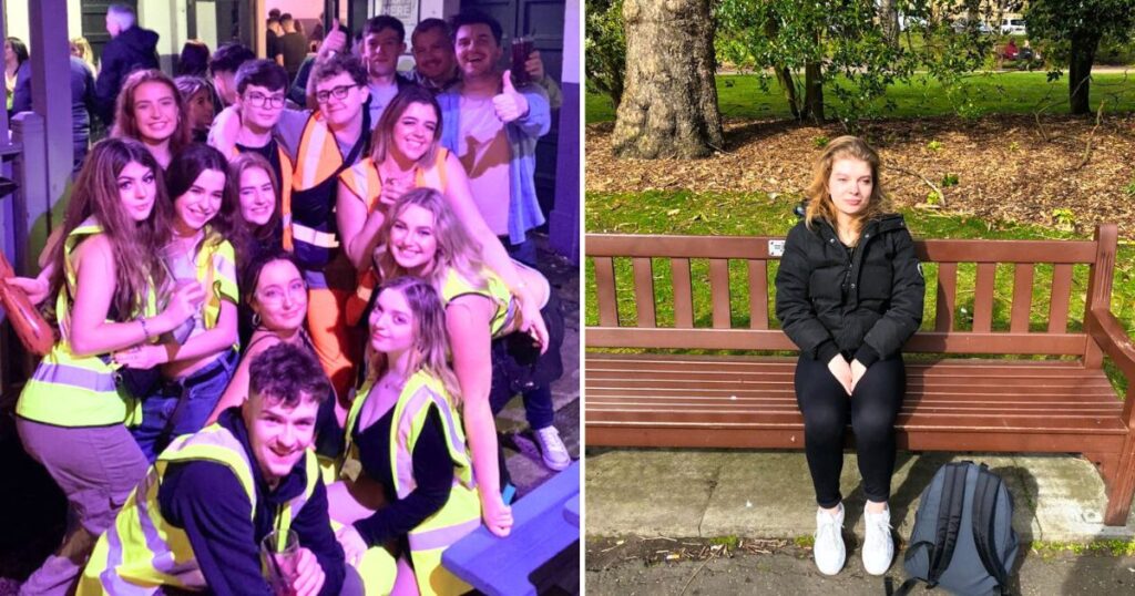 university of lincoln students on a night out and then a university of edinburgh student all by themselves on a sad bench (i'm not being mean it's from an ironic article about best places to cry)