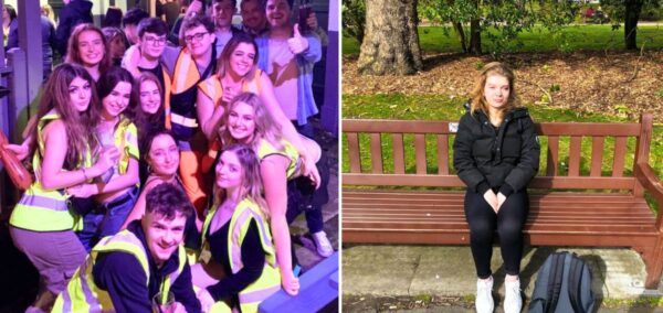 university of lincoln students on a night out and then a university of edinburgh student all by themselves on a sad bench (i'm not being mean it's from an ironic article about best places to cry)