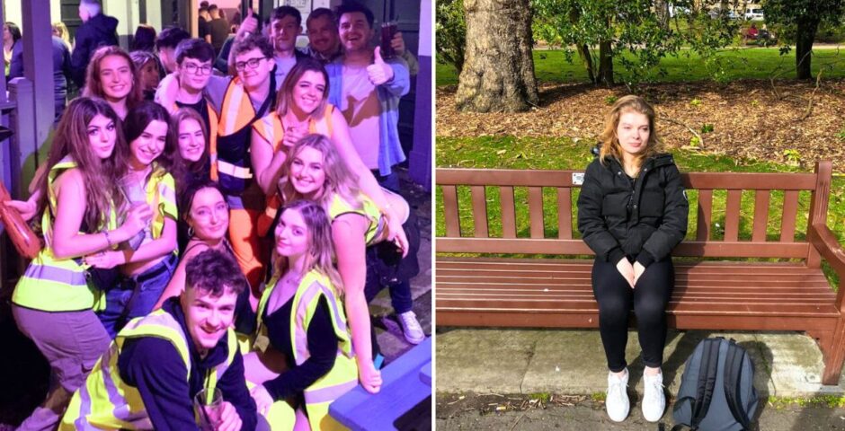 university of lincoln students on a night out and then a university of edinburgh student all by themselves on a sad bench (i'm not being mean it's from an ironic article about best places to cry)