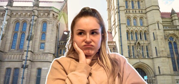 a student (from oxford) looking bored in front of a pic of the university of manchester