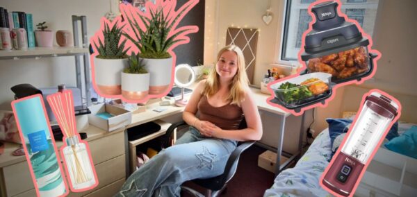a uk uni student in a room with some items from the john lewis uni essentials list 2025