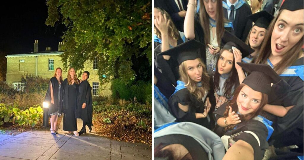 three uni of cambridge students at matriculation at fitzwilliam college, then a crowd of uni of liverpool grads