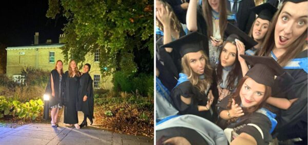 three uni of cambridge students at matriculation at fitzwilliam college, then a crowd of uni of liverpool grads