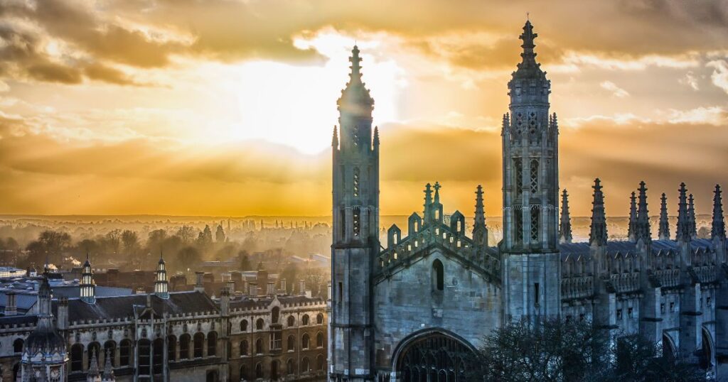 king's college chapel at the university of cambridge and a very dramatic sunset