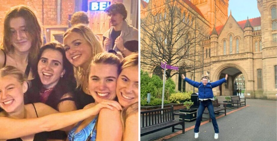 uk uni students in a crowded place and then a manchester student in front of mancheste uni oversubscribed uk universities