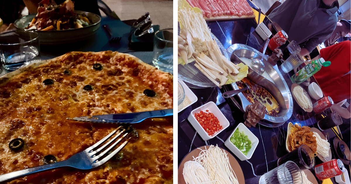 Eating pizza and hotpot with friends.