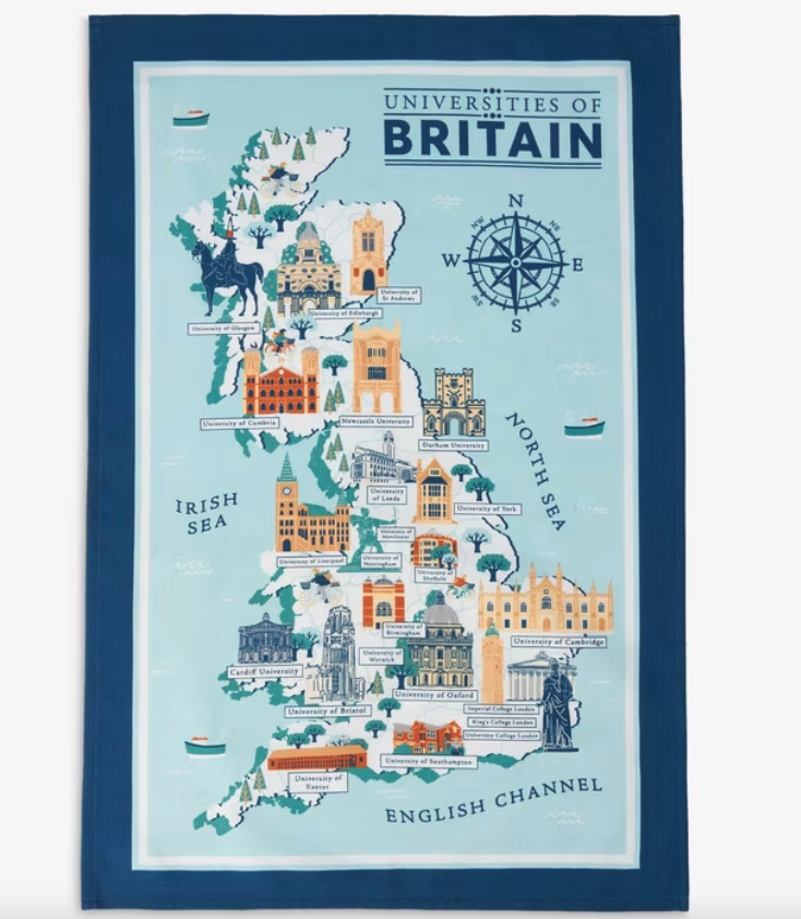 the tea towel of exclusively middle class uk universities but then also the university of cumbria which i can only assume the artist attended