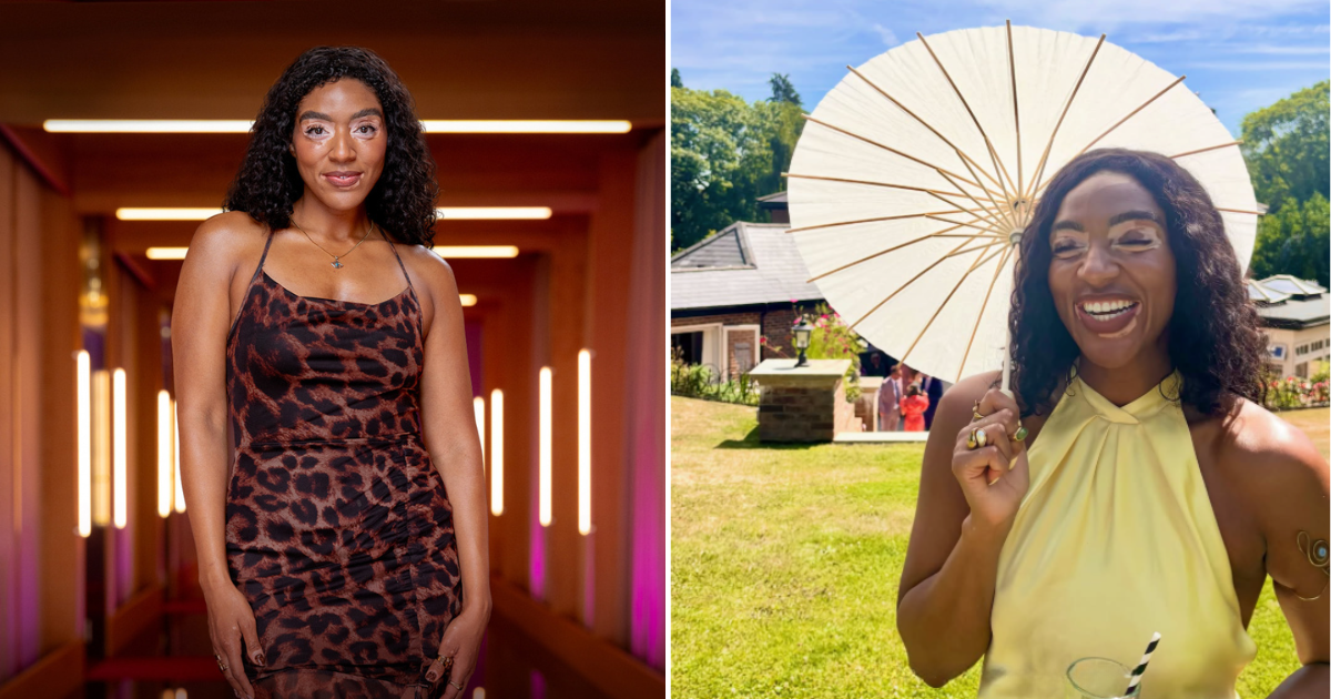 yasmin with a parasol at like a garden party 