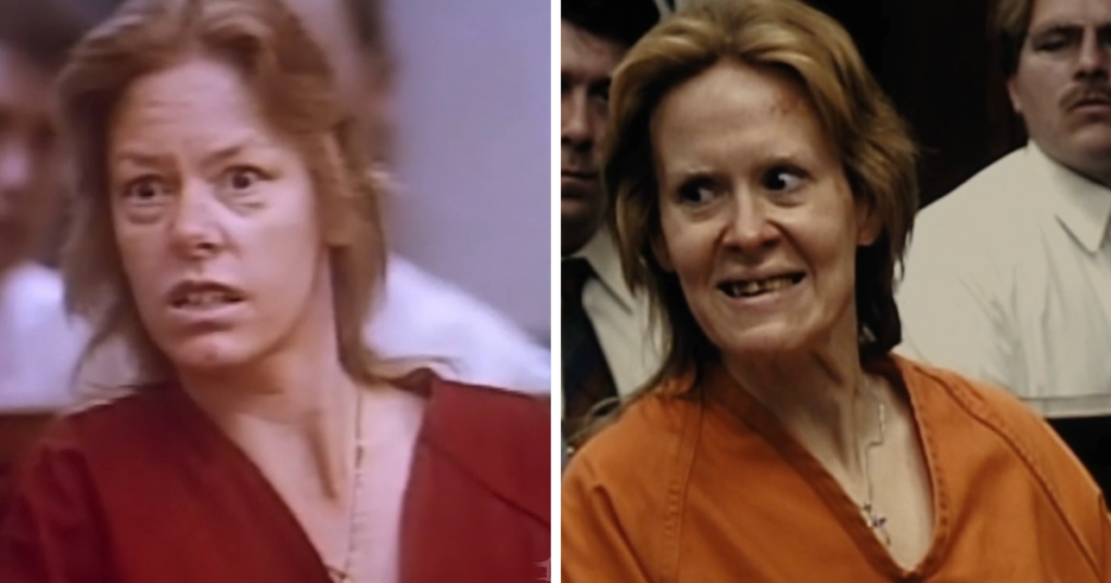 Real Aileen Wuornos in court and Sarah Paulson as her in Monster