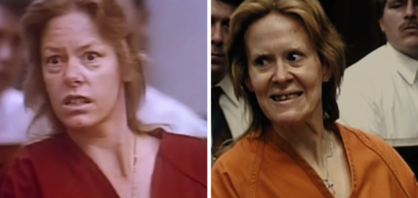 Real Aileen Wuornos in court and Sarah Paulson as her in Monster