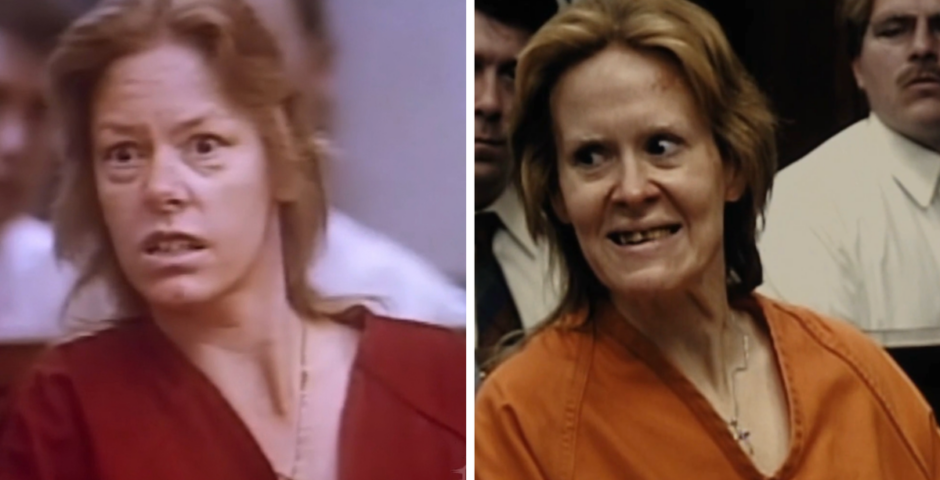 Real Aileen Wuornos in court and Sarah Paulson as her in Monster