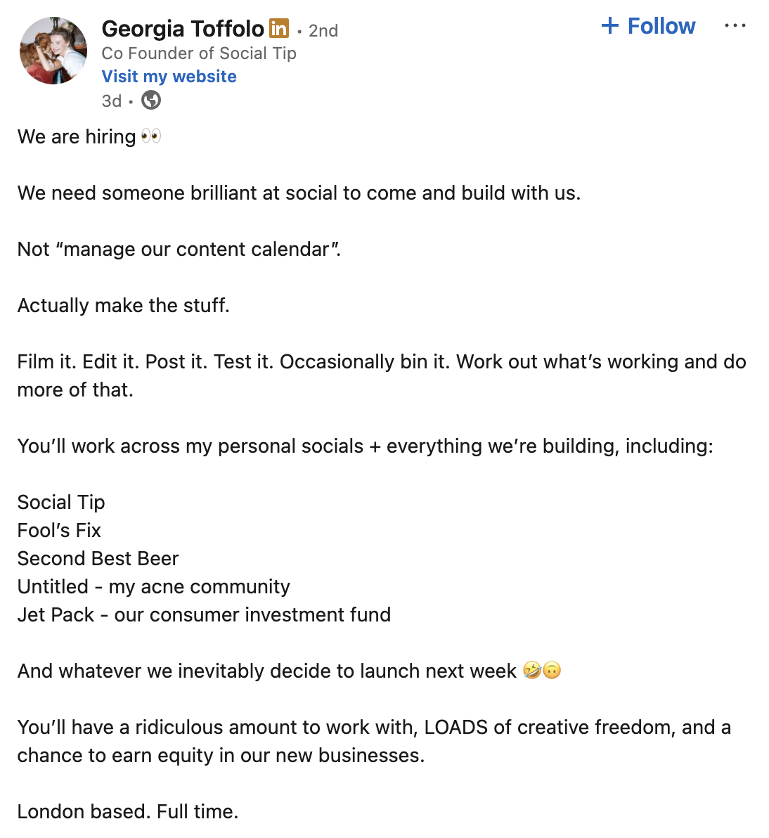 Job advert posted by Georgia Toff Toffolo