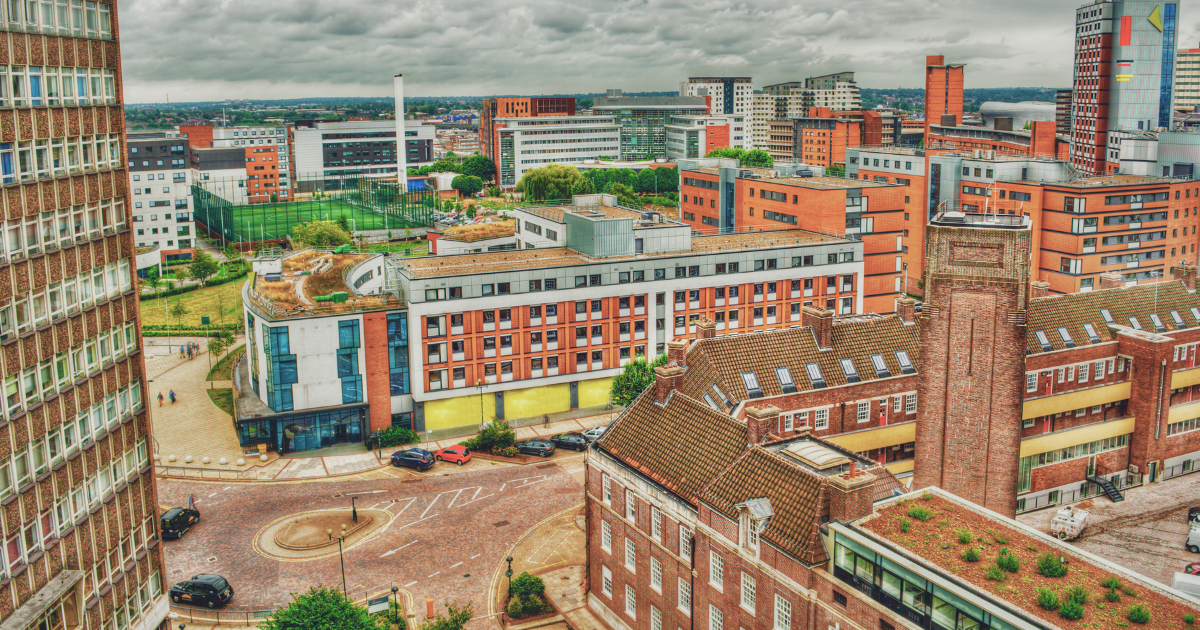 Aston University's campus, with some dramatic-looking clouds