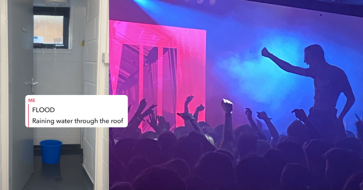Water flooding in through a roof and an image of a someone on someone elses shoulders in a club