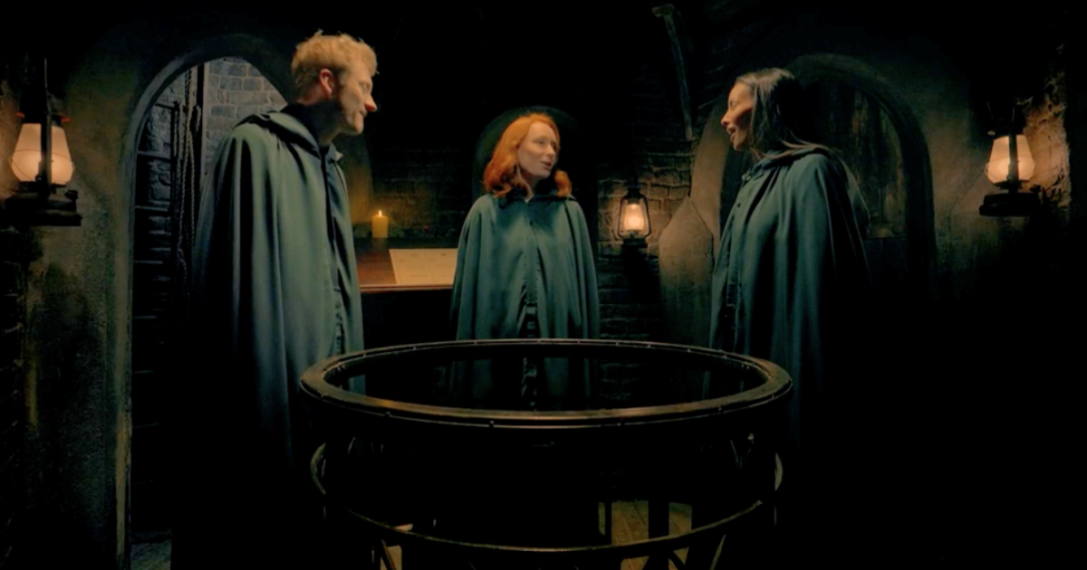 James, Maya and Hannah Fry in the turret, since two of them are among the three contestants who supposedly struggled on the celebrity traitors (Image via BBC iPlayer)