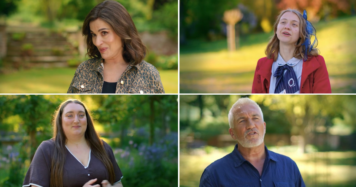 Bake Off judges and contestants being interviewed in the grounds of the house(Images via Channel 4)