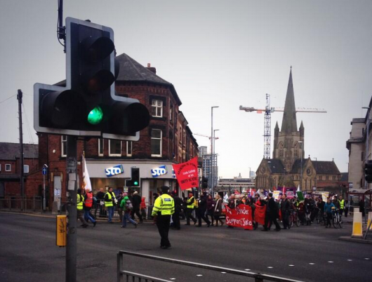 Images of lecturers striking in Leeds.