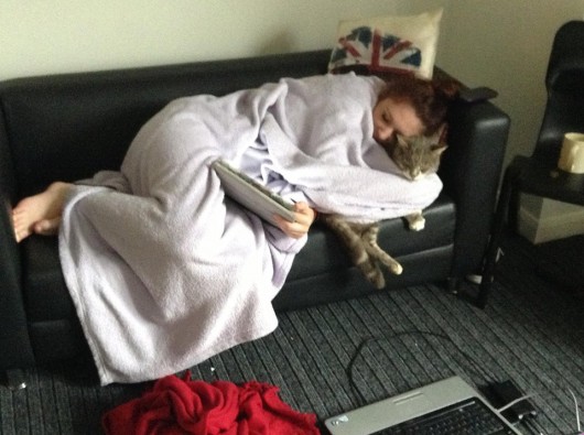 Who needs a boyfriend when you have a cat and a blanket?