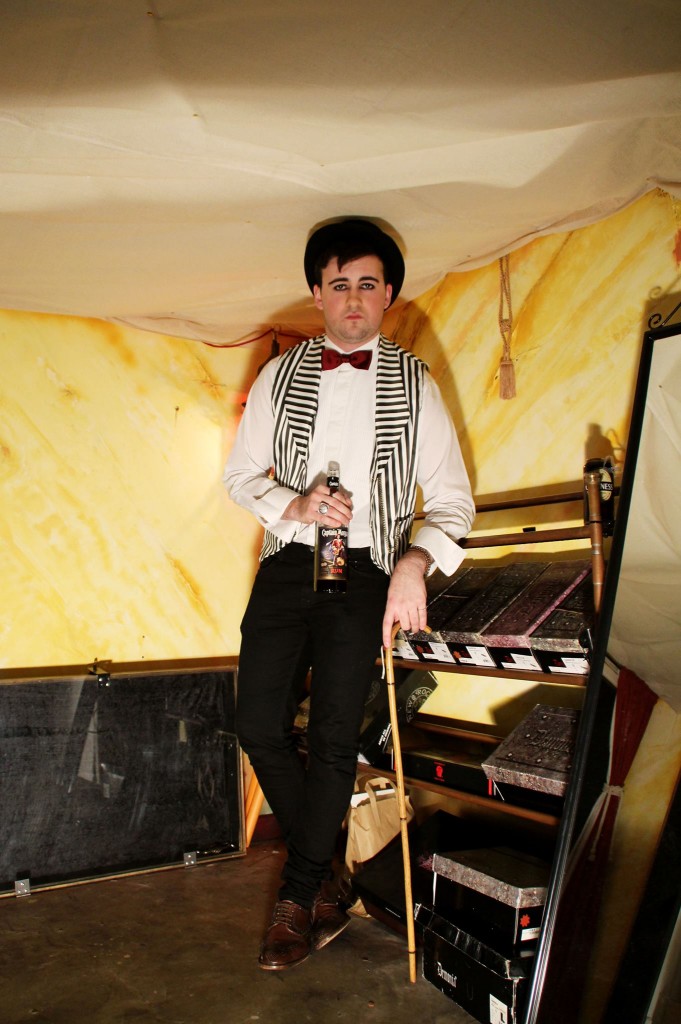 Alex in shirt, waistcoat and bowtie from the Vintage Store. Bowler hat, £35, and cane from Velveteen.