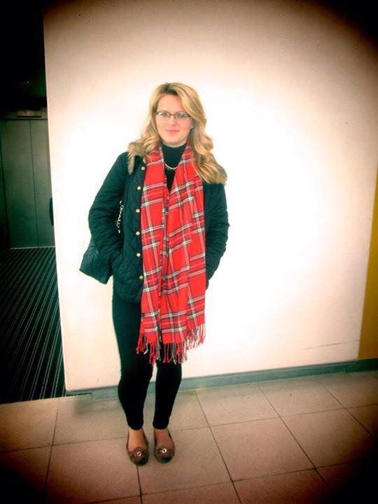 Liz makes a statement with this bold tartan scarf.