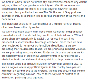 aflies bar apology
