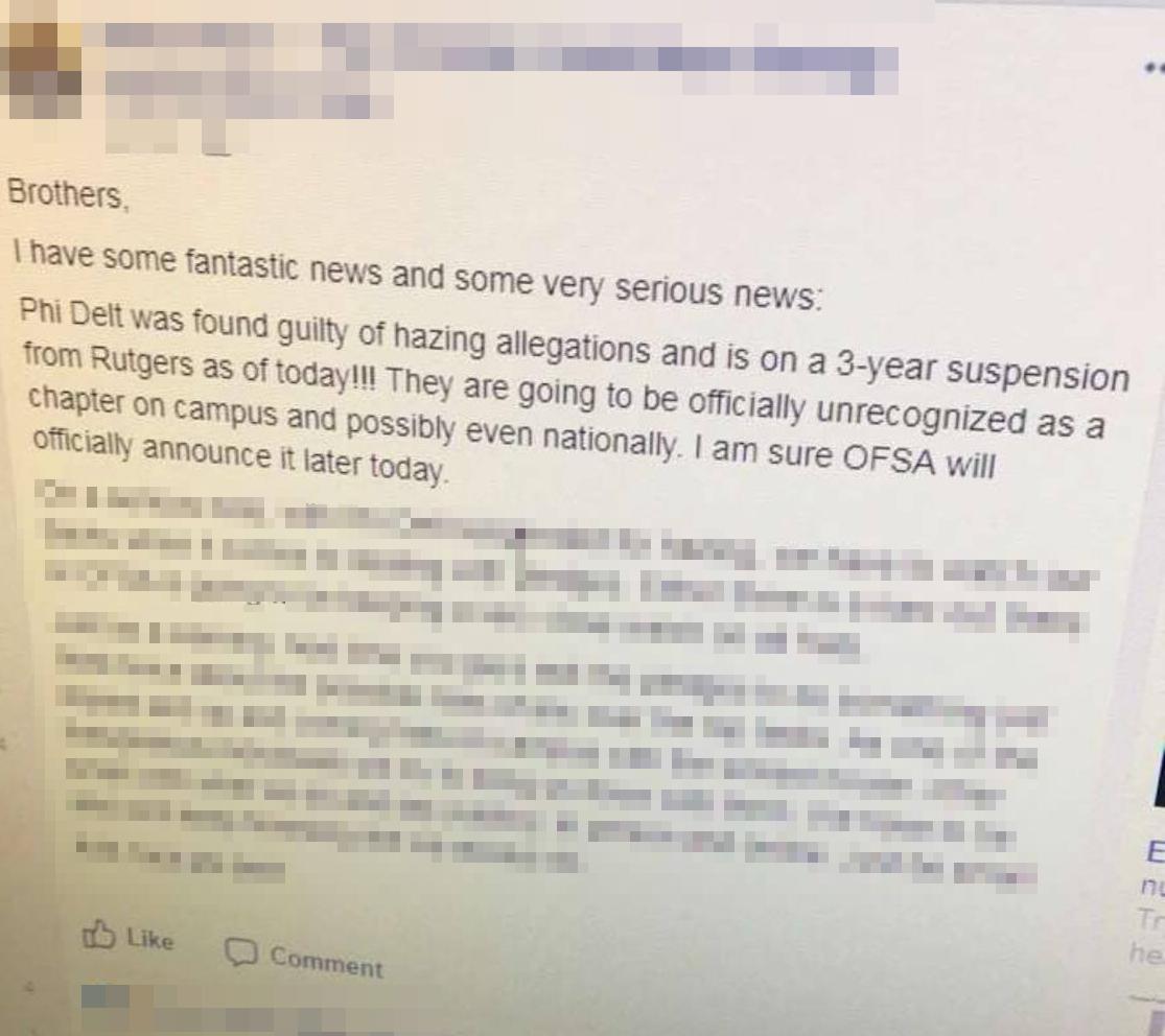 The Tab Rutgers was passed a screenshot of a group post announcing the news to members of another frat