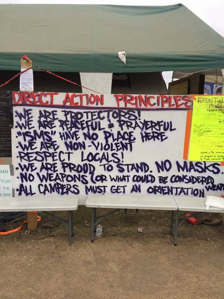 These principles were repeated again and again during orientations and trainings. There was to be no violence nor any "isms" (sexism, racism, etc.) during actions or at camp. It was also to remain Indigenous-centered at ALL TIMES.