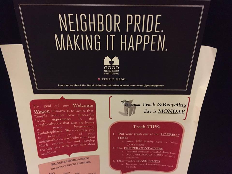 Temple's Good Neighbor Initiative's flyer shares tips on taking out trash, sorting recyclables and how to have an off-campus party without upsetting the neighbors.