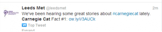 Can you believe it?: The official Leeds met twitter account promoting the Carnegie Cat