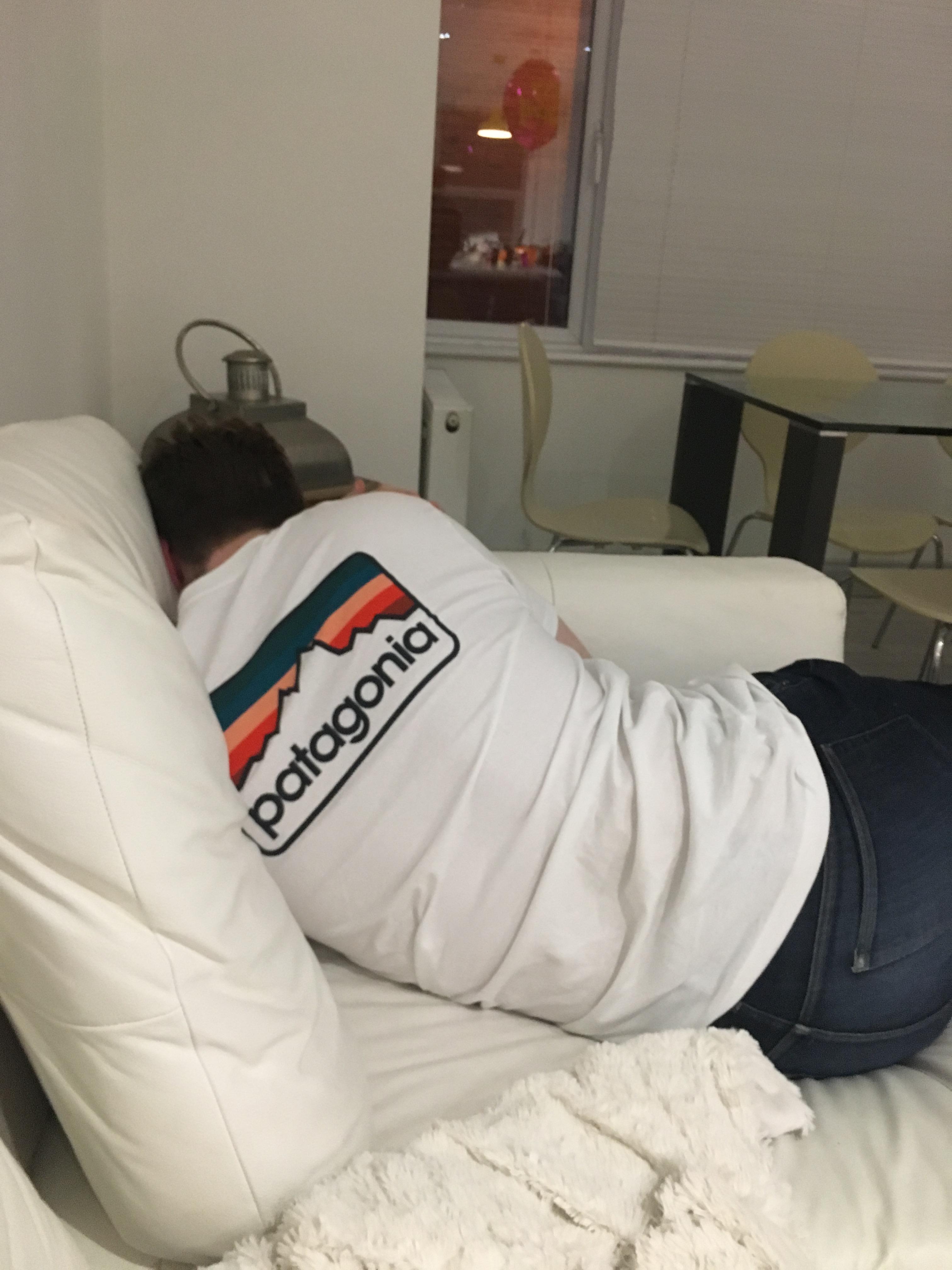 Trying to show of the logo or just embarrassed?