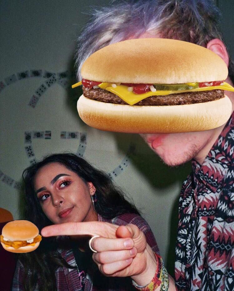Image may contain: Food, Burger, Person, People, Human